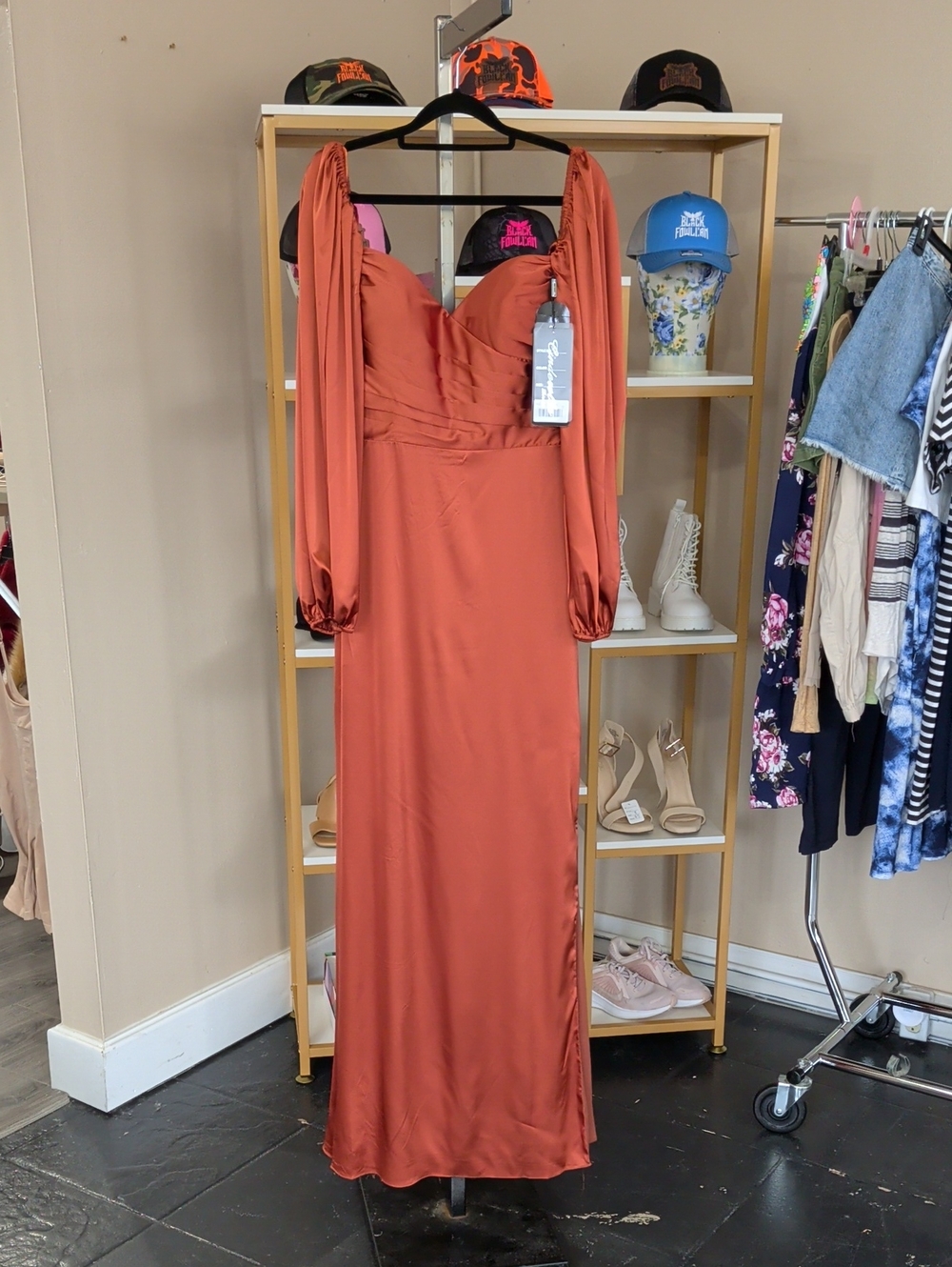 Cinderella Divine Rust Orange Long Maxi Dress with Bishop Sleeves